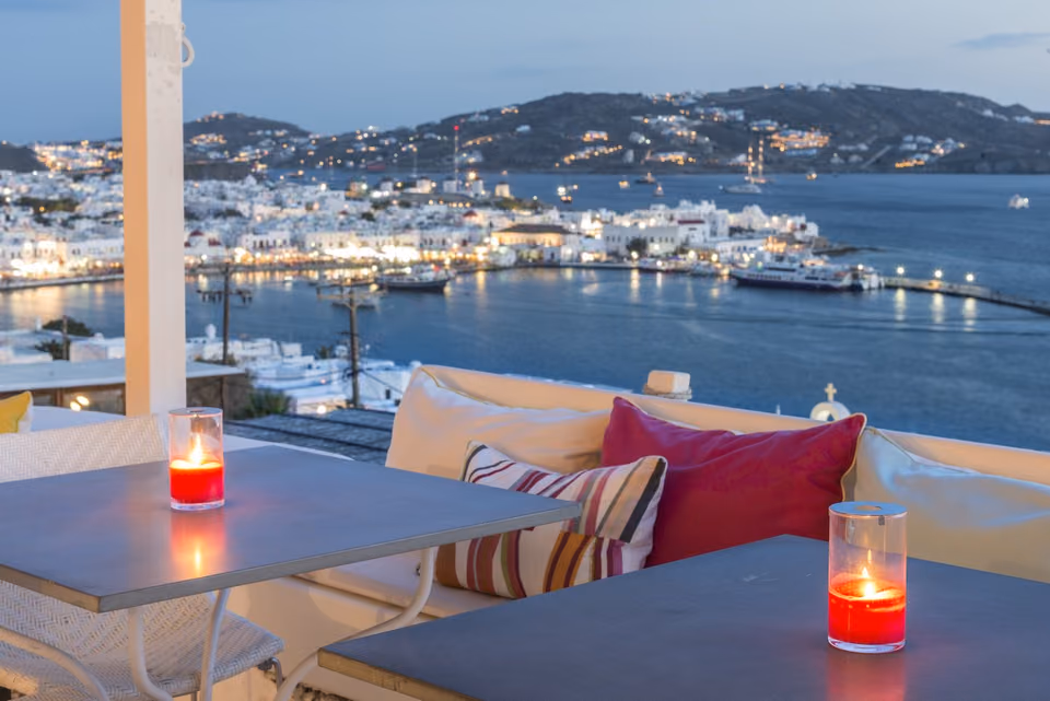 The sunset terrace at Oniro, above the old town of Mykonos