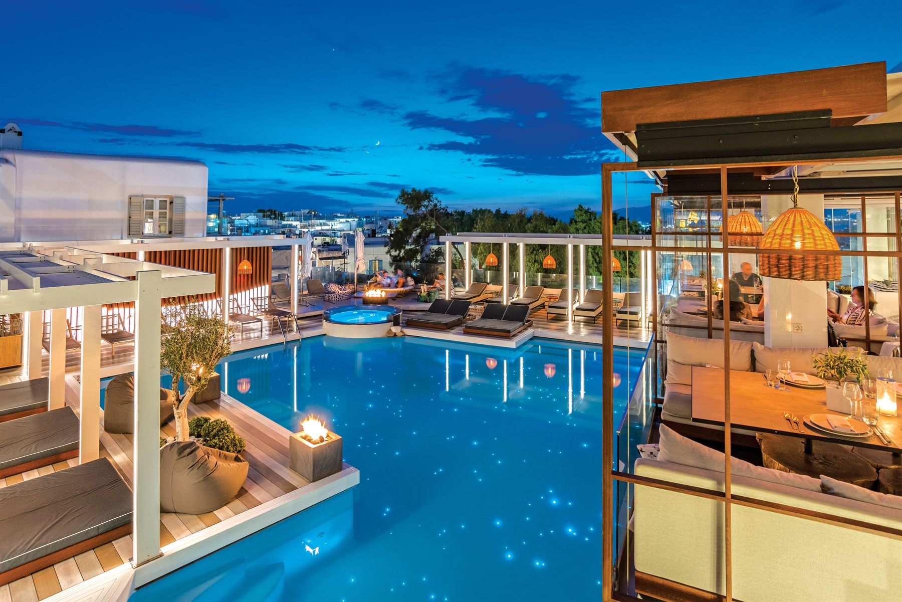 Krama rooftop pool at twilight, Mykonos Town